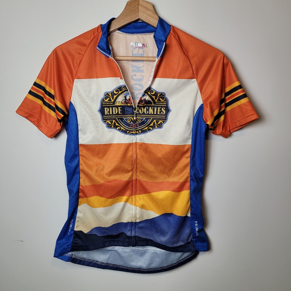 Primal Womens Cycling Top Ride The Rockies Size Small Orange Blue Full Zipper